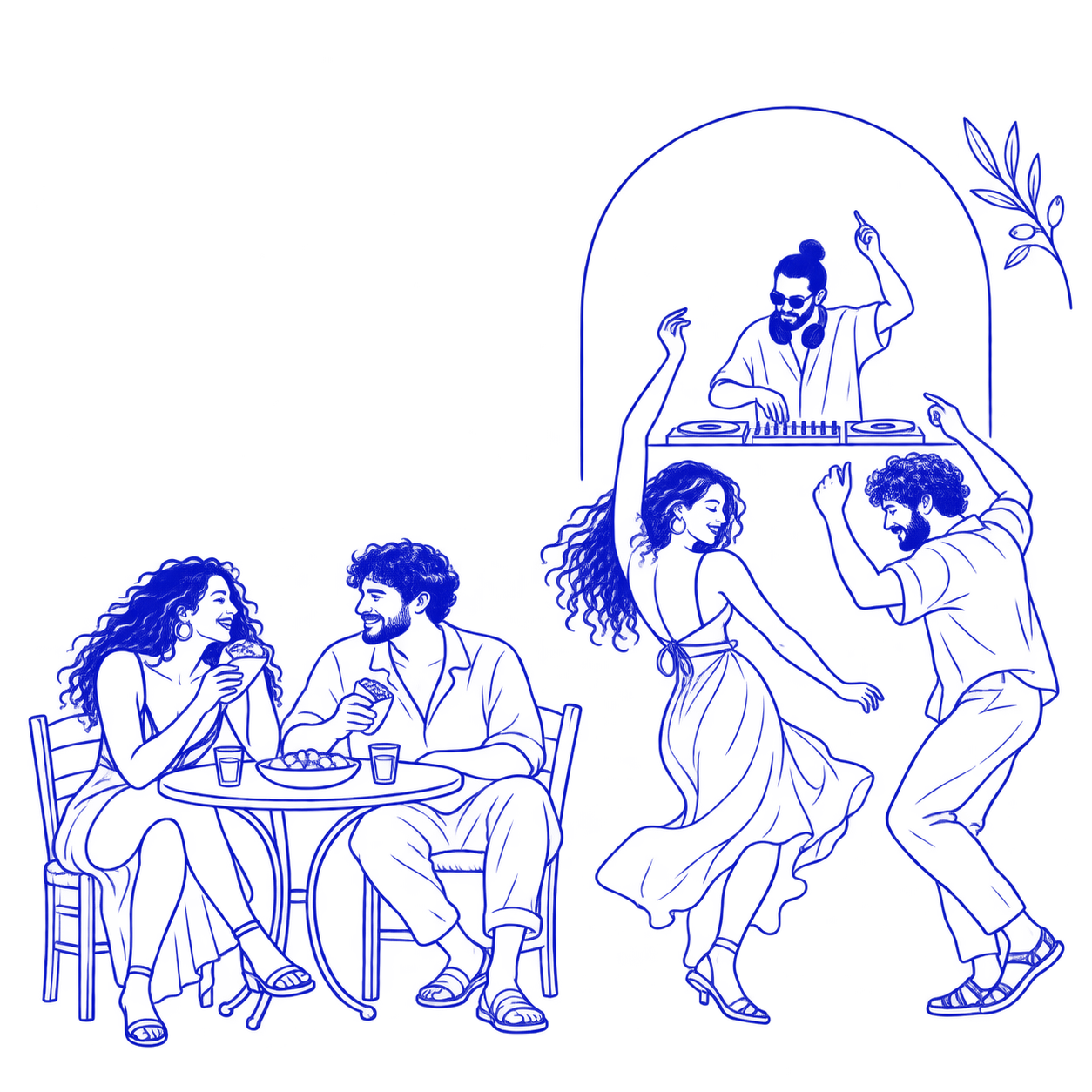 Taverne grecque dessinée en bleu : des amis mangent et d’autres dansent face au DJ